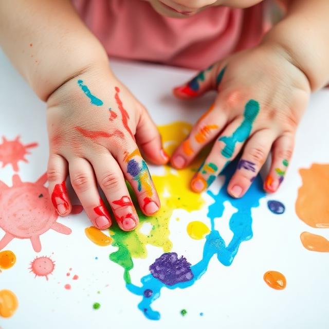 A child painting with bright finger paints