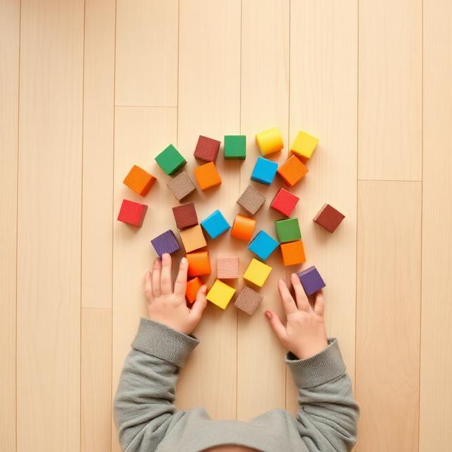 A child playing with colorful wooden blocks