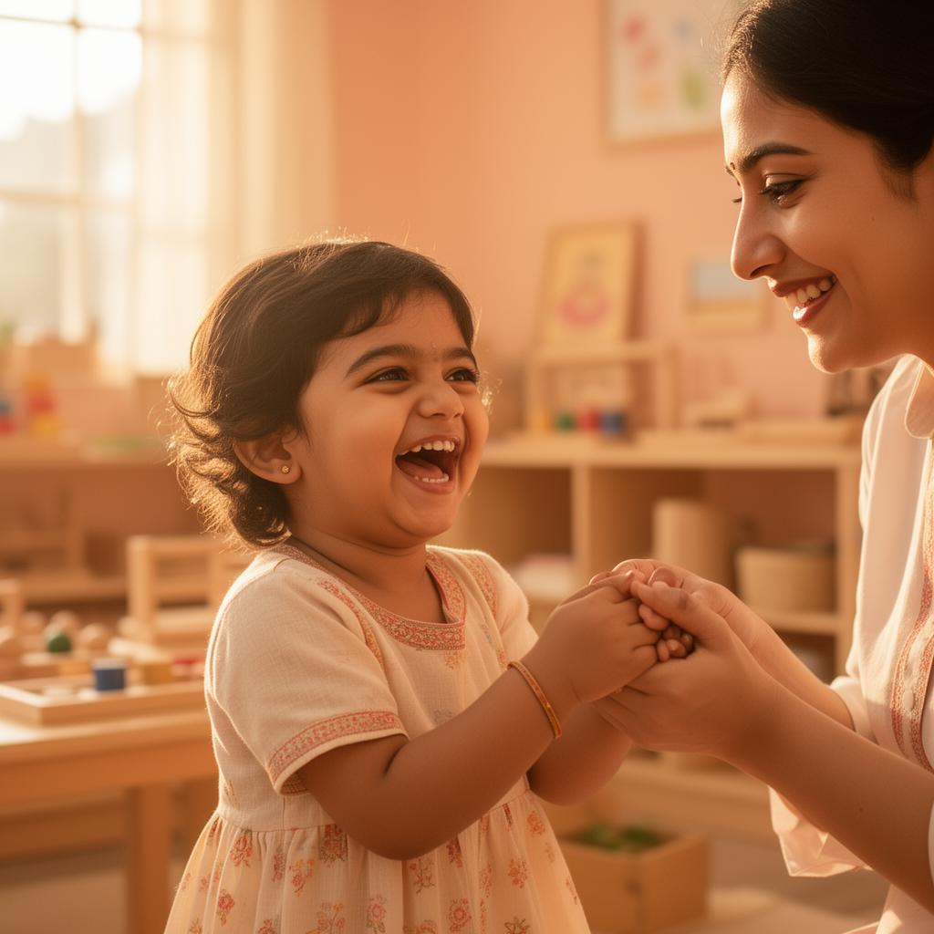 A preschooler laughs while her teacher gently holds her hands at SPARSH